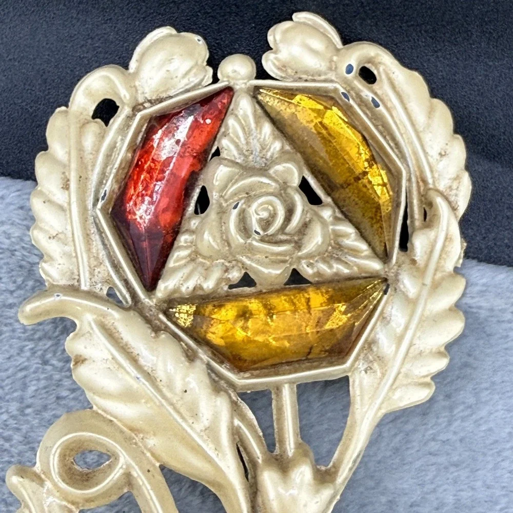 Vintage Flower Brooch Acrylic Red Yellow Early Plastic‎